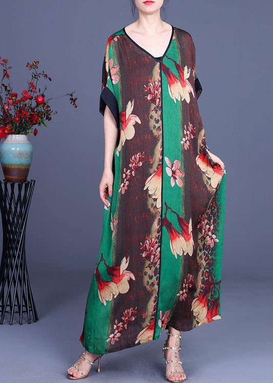 Loose Grey Print V Neck Short Sleeve Chiffon Vacation Dresses - SooLinen