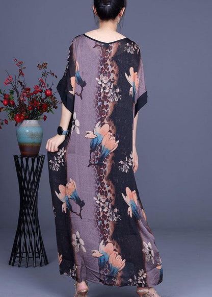 Loose Grey Print V Neck Short Sleeve Chiffon Vacation Dresses - SooLinen