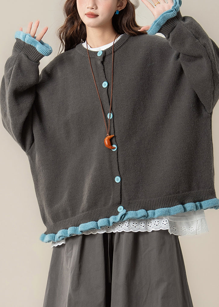 Loose Grey Ruffled Button Patchwork Knit Coats Spring