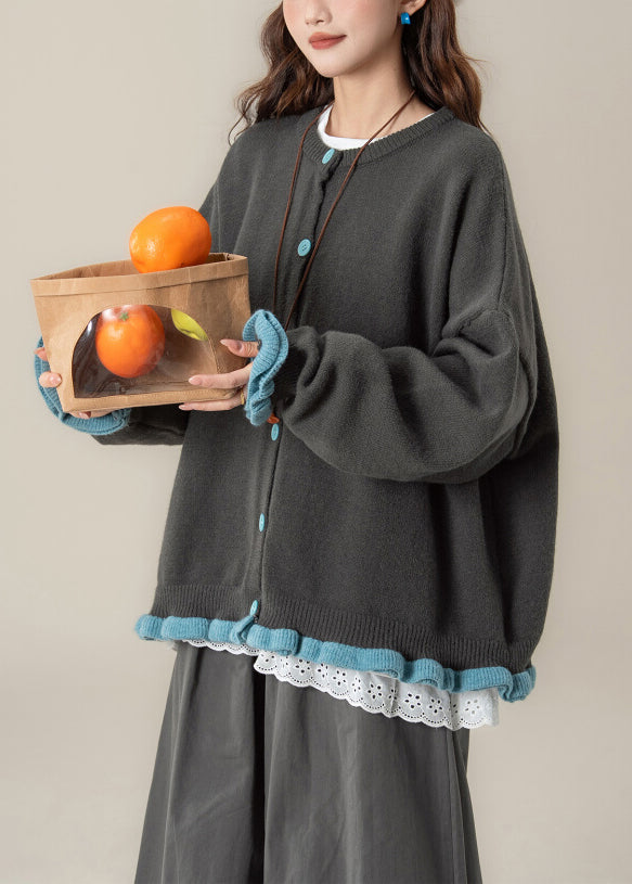 Loose Grey Ruffled Button Patchwork Knit Coats Spring