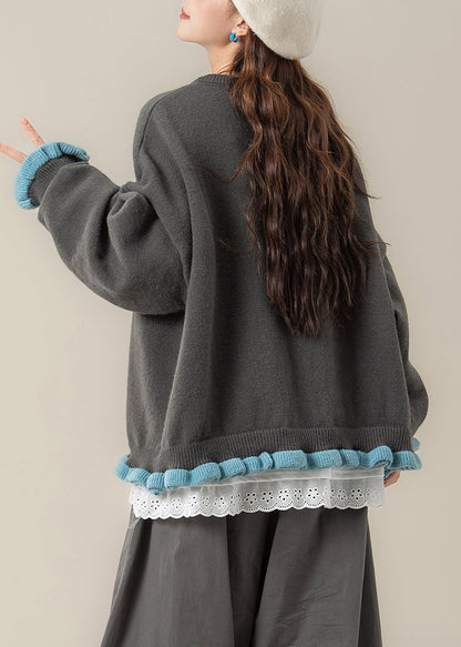 Loose Grey Ruffled Button Patchwork Knit Coats Spring