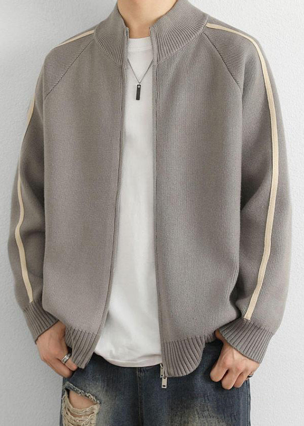 Loose Grey Stand Collar Zip Up Striped Knit Men Coat Spring