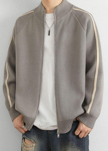 Loose Grey Stand Collar Zip Up Striped Knit Men Coat Spring