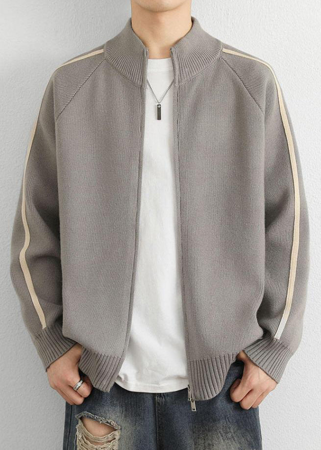 Loose Grey Stand Collar Zip Up Striped Knit Men Coat Spring