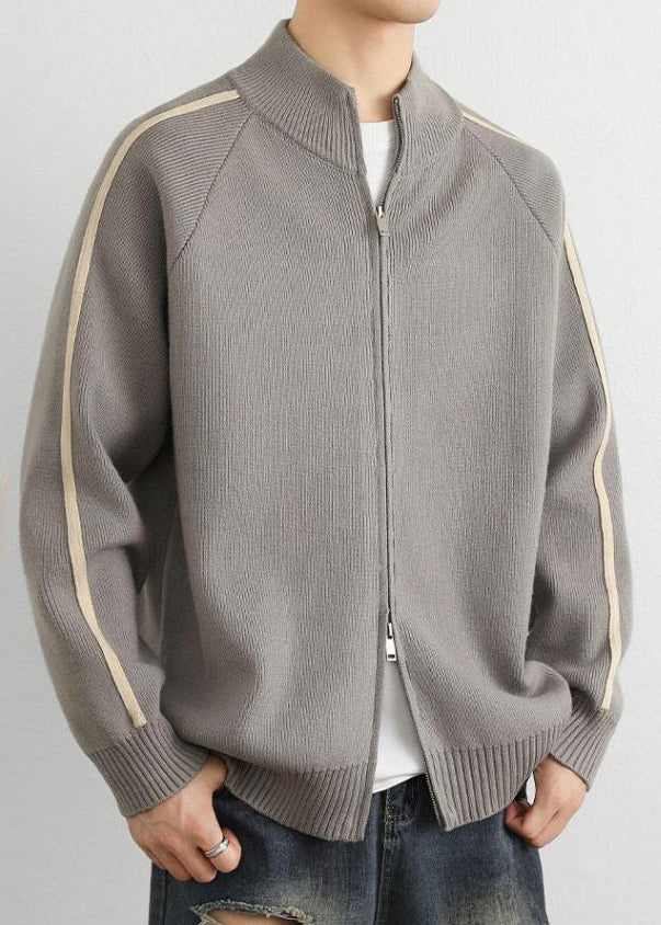 Loose Grey Stand Collar Zip Up Striped Knit Men Coat Spring
