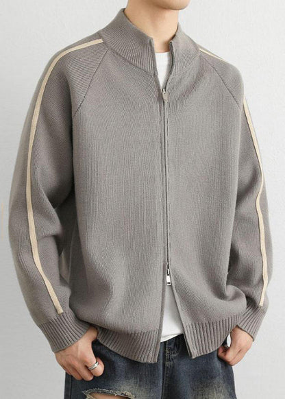 Loose Grey Stand Collar Zip Up Striped Knit Men Coat Spring