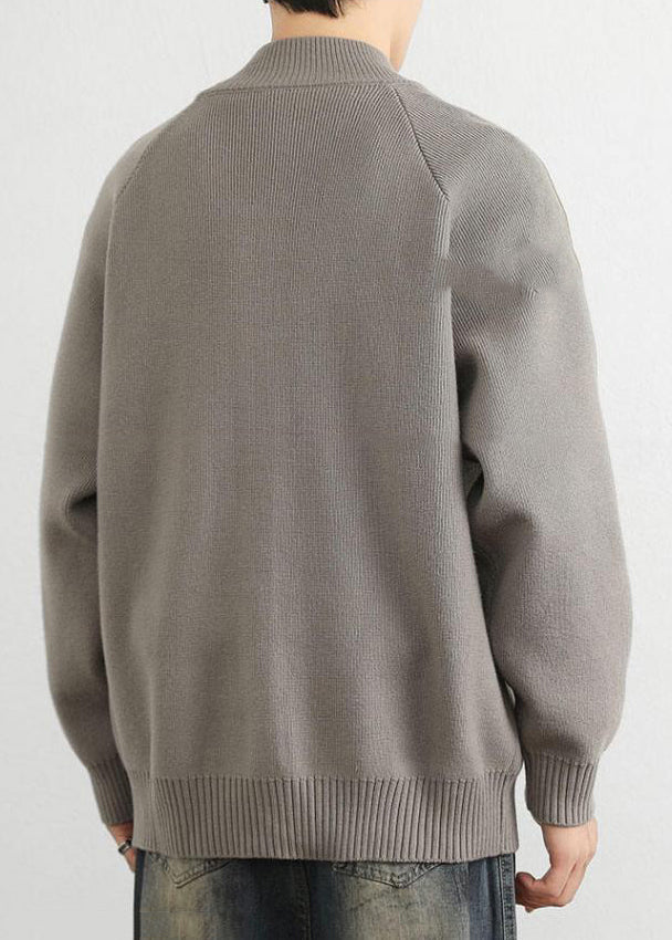 Loose Grey Stand Collar Zip Up Striped Knit Men Coat Spring