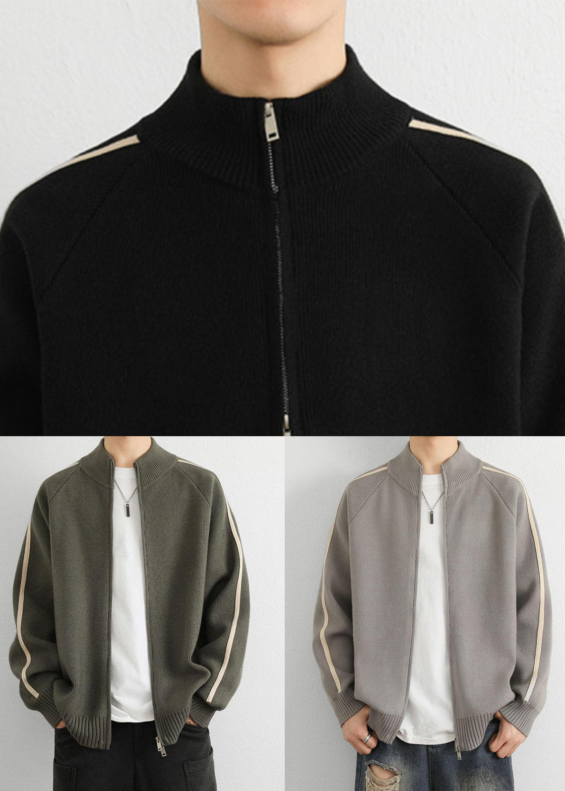 Loose Grey Stand Collar Zip Up Striped Knit Men Coat Spring