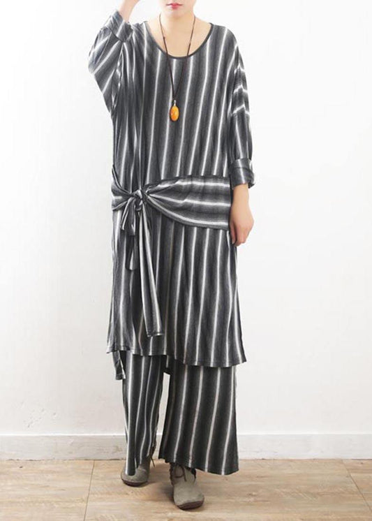 Loose Grey Striped tie waist Two Pieces Set Summer Cotton Dress - SooLinen
