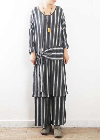 Loose Grey Striped tie waist Two Pieces Set Summer Cotton Dress - SooLinen