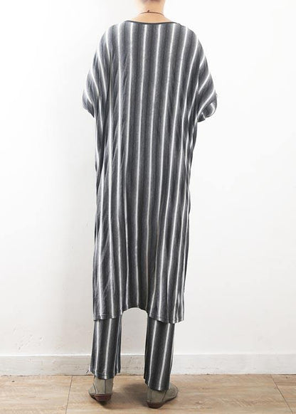 Loose Grey Striped tie waist Two Pieces Set Summer Cotton Dress - SooLinen