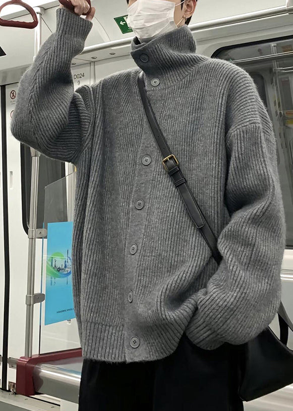 Loose Grey Turtleneck Button Solid Knit Mens Coats Winter