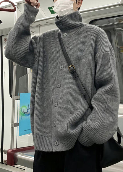 Loose Grey Turtleneck Button Solid Knit Mens Coats Winter