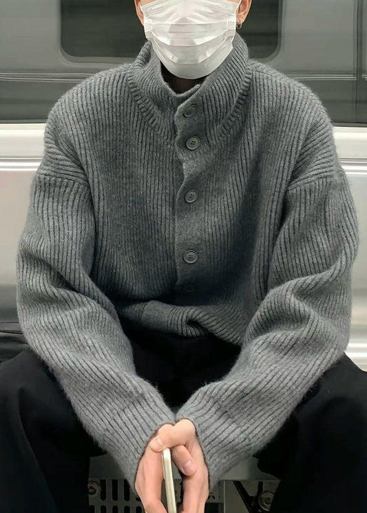 Loose Grey Turtleneck Button Solid Knit Mens Coats Winter