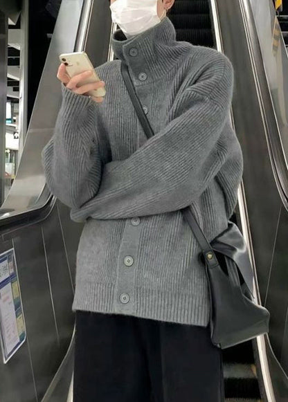Loose Grey Turtleneck Button Solid Knit Mens Coats Winter