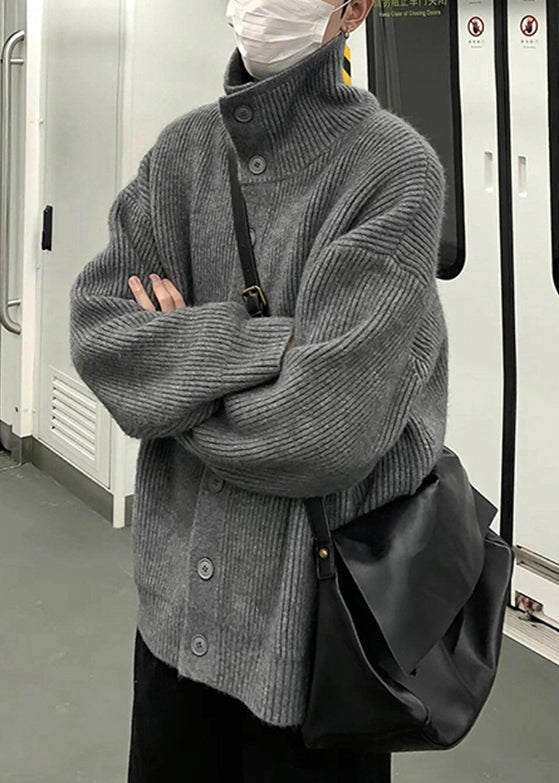 Loose Grey Turtleneck Button Solid Knit Mens Coats Winter