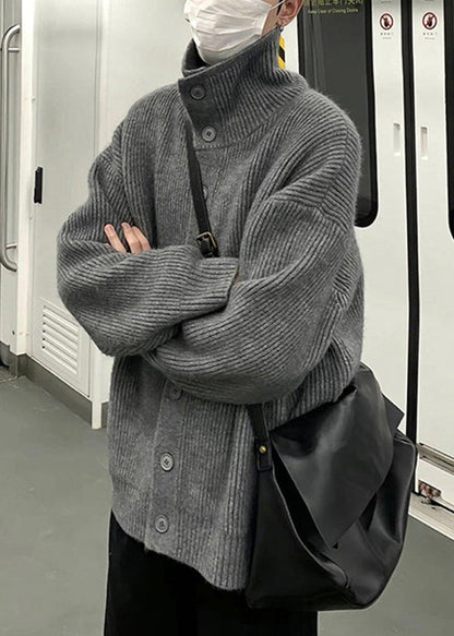 Loose Grey Turtleneck Button Solid Knit Mens Coats Winter