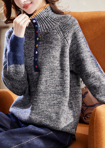 Loose Grey Turtleneck Cozy Patchwork Knit Sweaters Winter