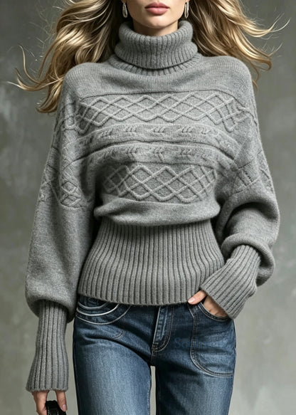 Loose Grey Turtleneck Knit Sweater Tops Batwing Sleeve