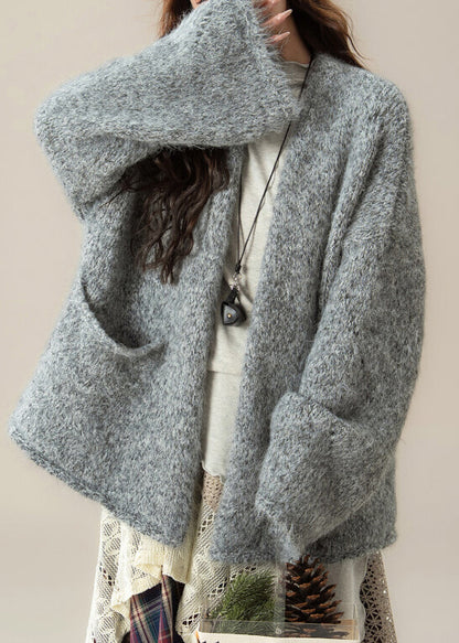 Lockere graue Strickjacken mit V-Ausschnitt und Taschen, einfarbig, Frühling