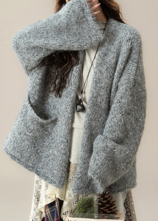 Lockere graue Strickjacken mit V-Ausschnitt und Taschen, einfarbig, Frühling