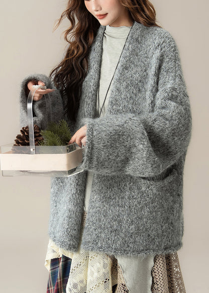 Lockere graue Strickjacken mit V-Ausschnitt und Taschen, einfarbig, Frühling