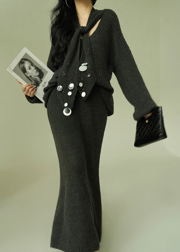 Loose Grey V Neck Sequins Knit Two Pieces Set Spring