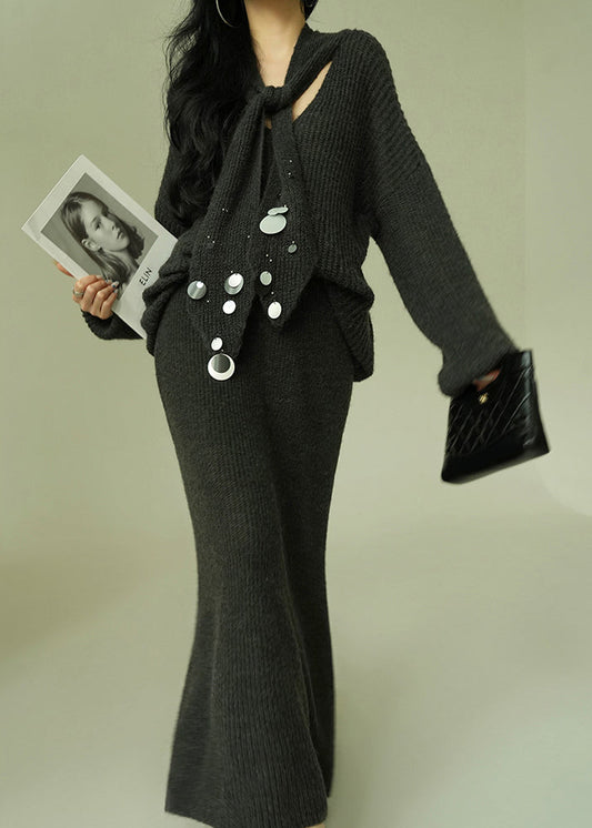 Loose Grey V Neck Sequins Knit Two Pieces Set Spring