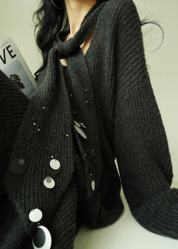 Loose Grey V Neck Sequins Knit Two Pieces Set Spring