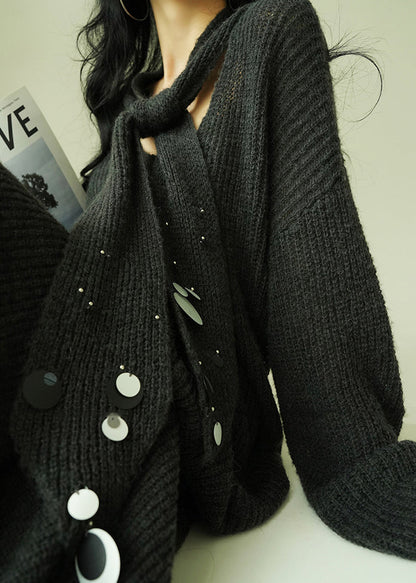 Loose Grey V Neck Sequins Knit Two Pieces Set Spring