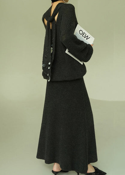 Loose Grey V Neck Sequins Knit Two Pieces Set Spring