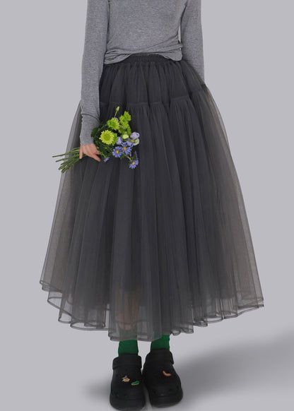 Falda de tul gris suelta con cintura elástica arrugada para primavera