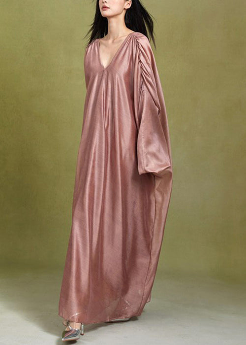 Loose Honey Peach V Neck Wrinkled Silk Long Dress Fall