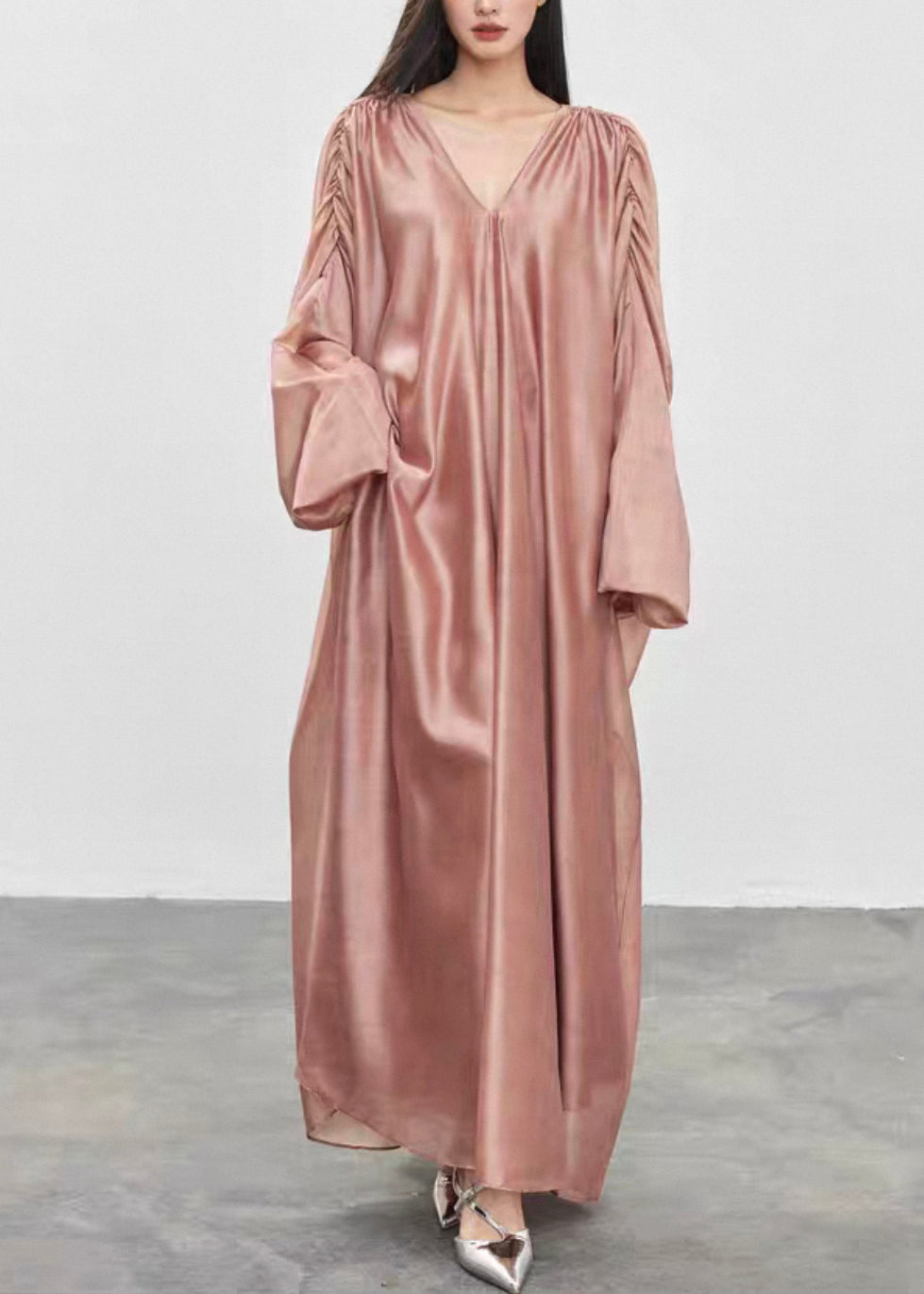 Loose Honey Peach V Neck Wrinkled Silk Long Dress Fall