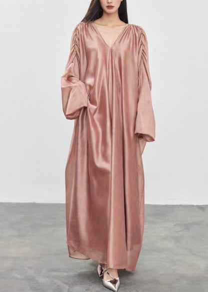 Loose Honey Peach V Neck Wrinkled Silk Long Dress Fall