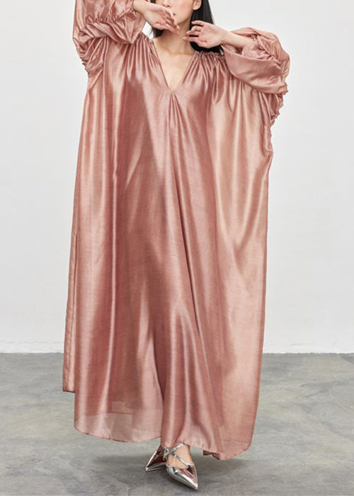 Loose Honey Peach V Neck Wrinkled Silk Long Dress Fall