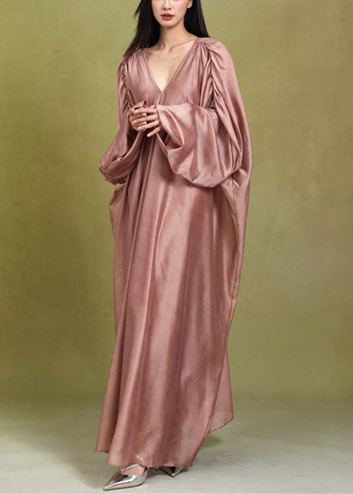 Loose Honey Peach V Neck Wrinkled Silk Long Dress Fall