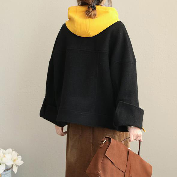 Lose Hoodie Schwarz Herbst Winter Kurze Wollmantel Frauen Casual Jacken