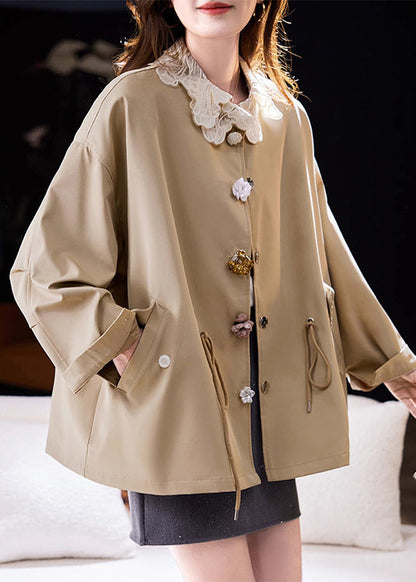 Loose Khaki Drawstring Pockets Patchwork Cotton Trench Coat Fall