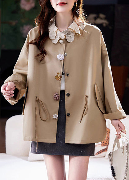 Loose Khaki Drawstring Pockets Patchwork Cotton Trench Coat Fall