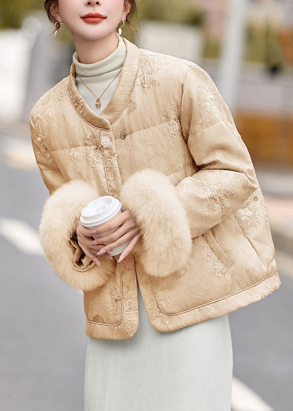 Abrigos de plumón de pato con patchwork bordados de color caqui sueltos para invierno