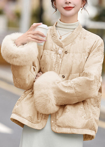 Abrigos de plumón de pato con patchwork bordados de color caqui sueltos para invierno