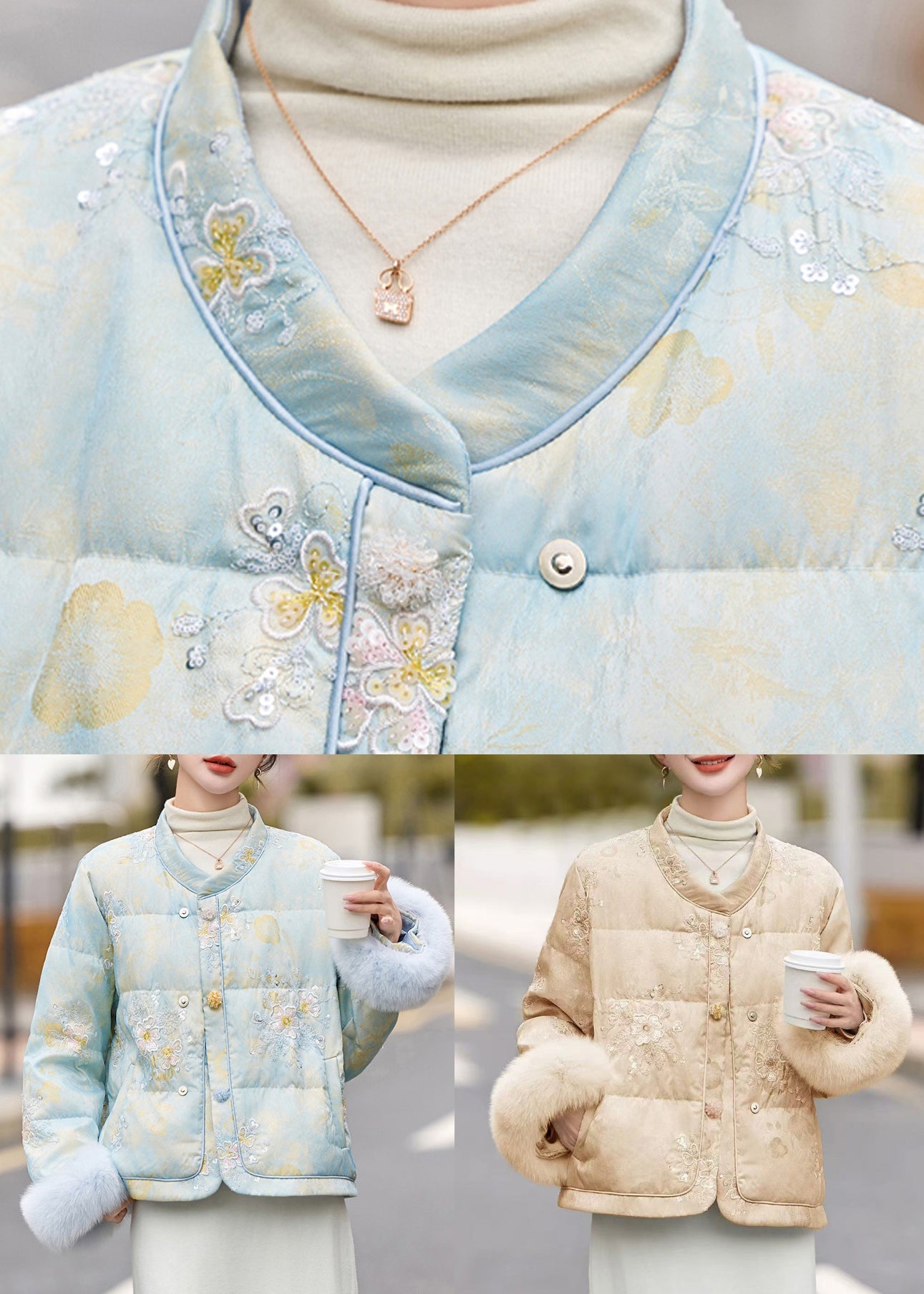 Abrigos de plumón de pato con patchwork bordados de color caqui sueltos para invierno