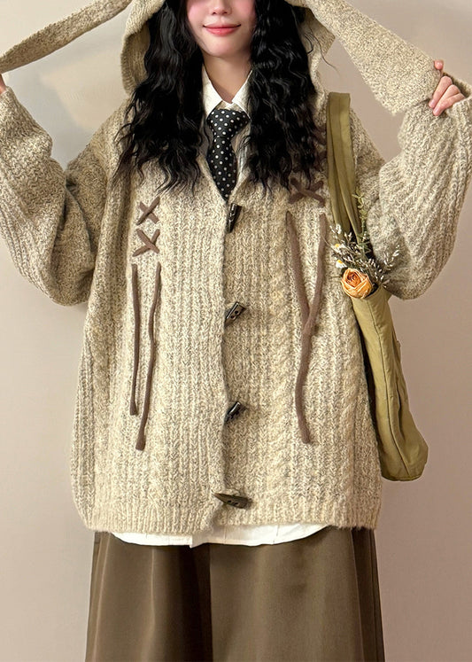 Loose Khaki Hooded Rabbit Ears Button Cozy Knit Coat Spring