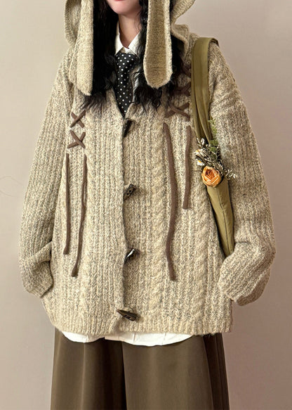 Loose Khaki Hooded Rabbit Ears Button Cozy Knit Coat Spring