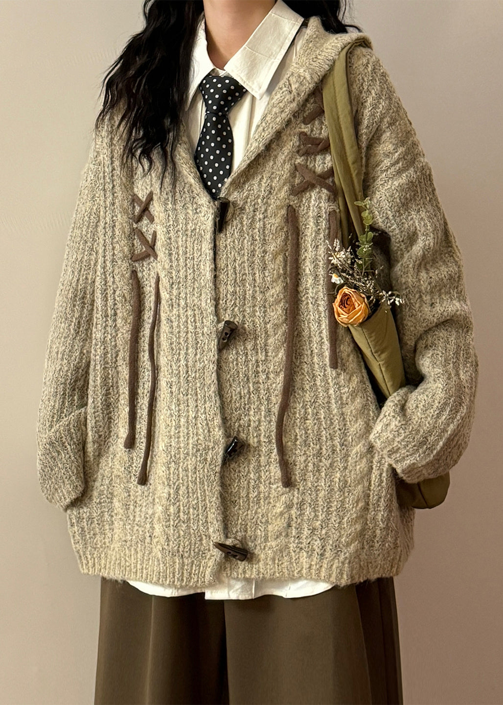 Loose Khaki Hooded Rabbit Ears Button Cozy Knit Coat Spring