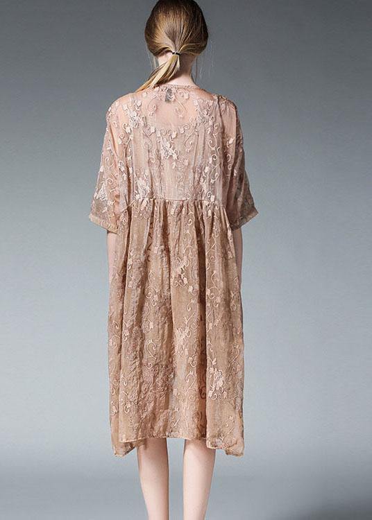 Loose Khaki O-Neck Patchwork Summer  Dress Half Sleeve - SooLinen