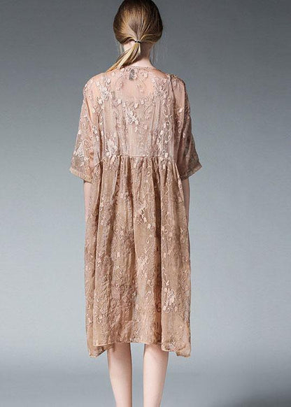 Loose Khaki O-Neck Patchwork Summer  Dress Half Sleeve - SooLinen