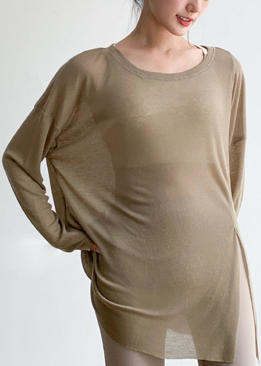 Loose Khaki O-Neck Thin Yoga Smock Top