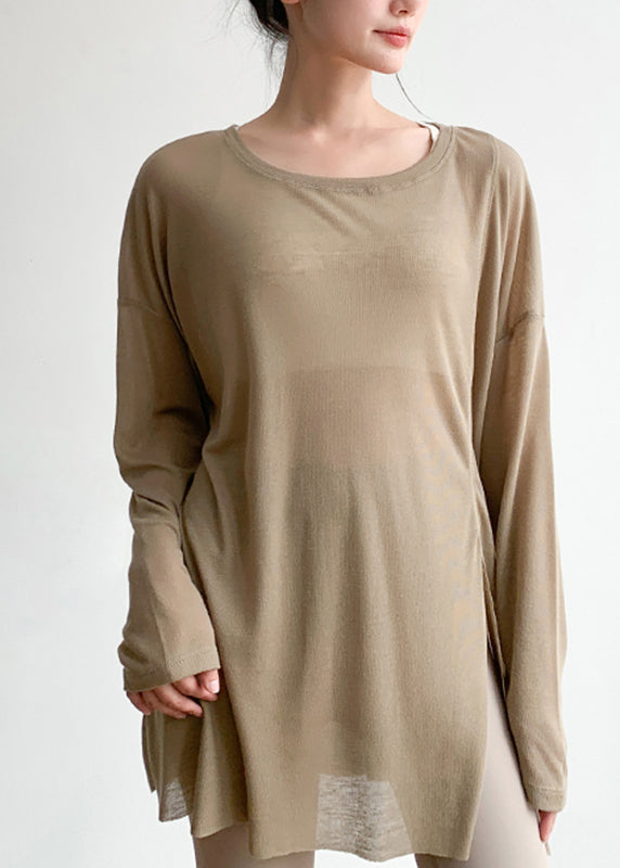 Loose Khaki O-Neck Thin Yoga Smock Top